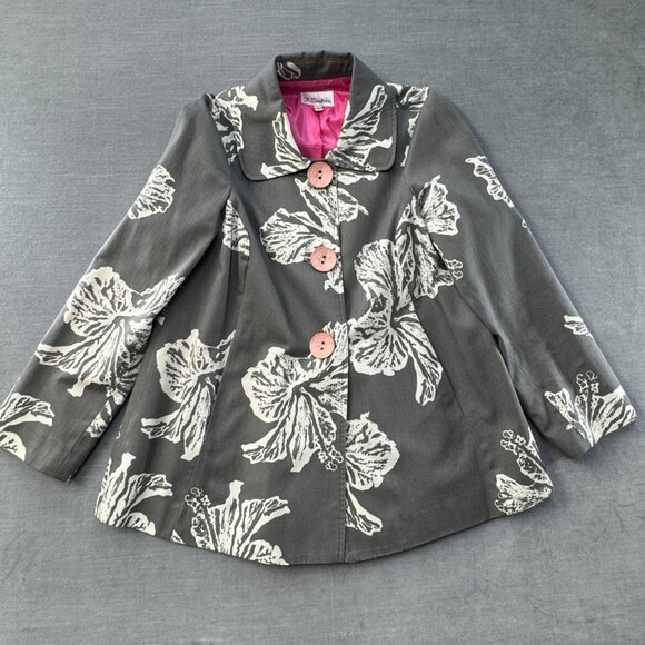 3 Sisters Women Gray Off White Floral‎ Pink Large Button Closure Jacket Sz Small - Picture 1 of 9
